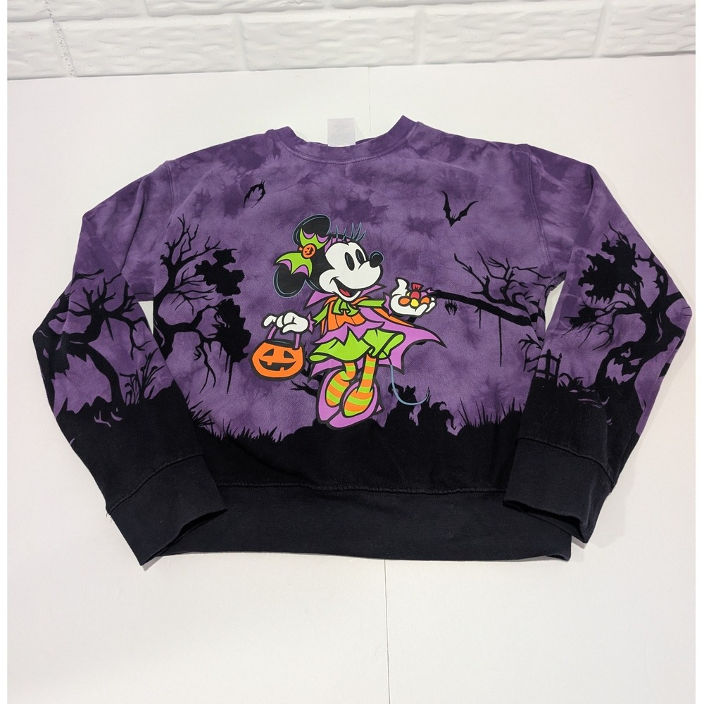 Disney Store Girl Sz 9/10 Halloween Tie Dye Sweatshirt Mickey Minnie Mouse Witch